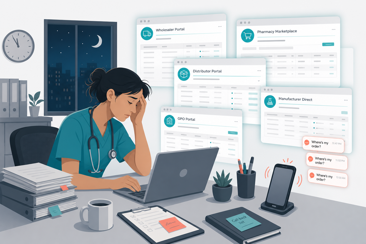 A clinician at a desk late at night, overwhelmed by multiple pharmacy ordering portals and where-is-my-order text messages.